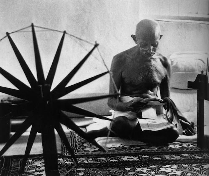 Mahatma Gandhi near his distaff, 1946 Mahatma Gandhi near his distaff, 1946