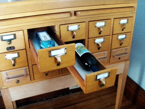 card catalogue at library turned into bar stand turning library card catalogue into bar stand