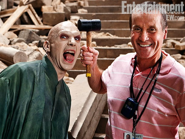 Ralph Fiennes (left) and gaffer Chuck Finch on set at the Marble Staircase, Harry Potter and the Deathly Hallows — Part 2 (2011) Image Credit: Jaap Buitendijk