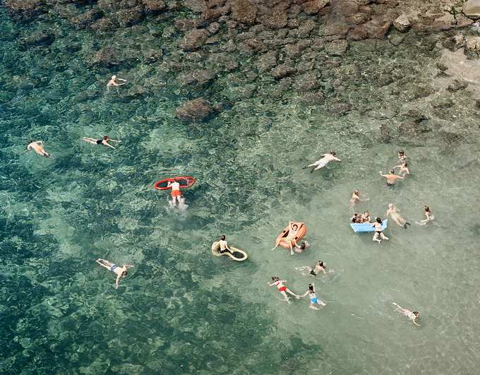Crowded beach from above, beach, beach life, people, heat, summer, holiday, swimming, sea, water, fun, joy, flirt, enjoyment, sun, sunbathing, bikini, colorful, paradise, pleasure, tourism, Spain, photography, from above, rhythm, moment, painting like, people in miniature, Tenerif, Mallorca, Barcelona, Sitges, sociology