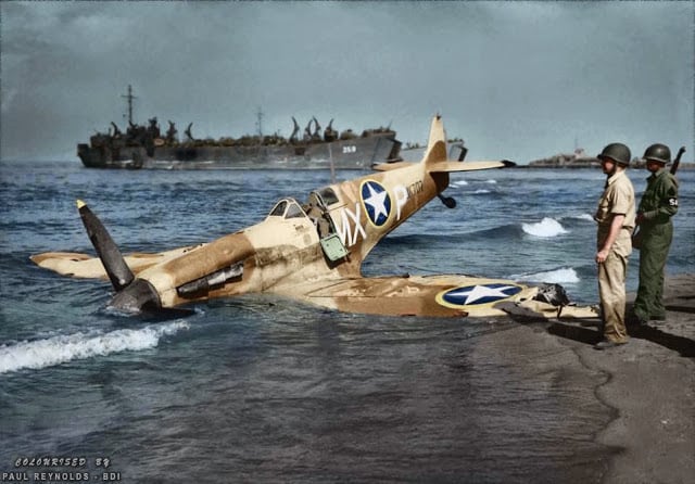 A Supermarine Spitfire Vc 'Tropical' JK707 MX-P serving with 307th Fighter Squadron, 31st Fighter Group operated by 12th USAAF. The regular pilot was 1st.Lt. Carroll A. Prybylo, but when lost it was flown by Capt. Virgil Cephus Fields, Jr. (Source - US Navy, via Library of Congress. Colorized by Paul Reynolds. Historic Military Photo Colourisations)