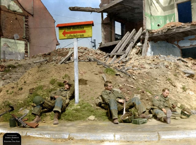 Three troopers of the 507th Parachute Infantry Regiment, 17th Airborne Division taking a break after 5 days frontline fighting. From left to right : Pvt William H. Sandy (ASN 13032007) from Charlottesville, VA, Sgt Dehaven Nowlin (ASN 15046241) from Goshen, KY and Pvt Howard Fredericks (ASN 39241668) from Los Angeles, CA., near Essen (Germany) 10th of April 1945. (Source - US Army Signal Corps - TFH collection. Photographer - Sgt T. J. Austin (Signal Corps). Colorized by Joshua Barrett from the UK)