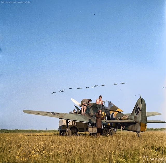 Focke Wulf FW-190A6 Nº20 of 4./Jagdgeschwader 54 (JG 54) on the airfield at Immola in Finland. 2nd of July 1944. (Source - SA-kuva. Colorized by Jared Enos)