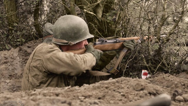 "Lucky Strike" c. 1944. The United States was the only country to equip its troops with an auto-loading rifle as the standard infantry weapon of WWII. It gave their troops a tremendous advantage in firepower, and led General George Patton to call the M1 Garand, “The greatest battle implement ever devised.” (Colorized by Paul Reynolds. Historic Military Photo Colourisations)