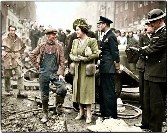 King George VI and Queen Elizabeth visiting bomb damaged streets in the East End of London on the 18th of October 1940. (Colorized by Doug)