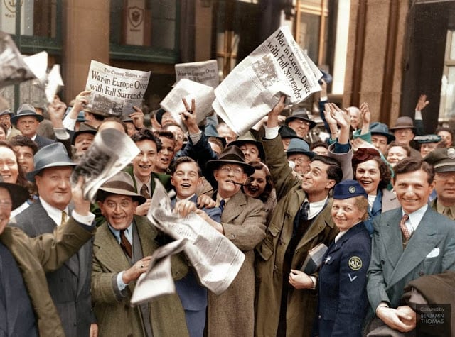 At 2.41am on the morning of 7 May 1945, at Allied headquarters in Reims, France, Chief-of-Staff of the German Armed Forces High Command, General Alfred Jodl, signed the unconditional surrender of all German forces to the Allies. The West awoke to the news the following day, with celebrations being held around the world for the Victory in Europe - VE Day, 8 May. (Colorized and researched by Benjamin Thomas from Australia)