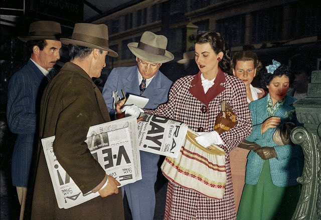Margaret Sevilla, Los Angeles. May 7, 1945. VE Day! (Colorized by Patty Allison from America)